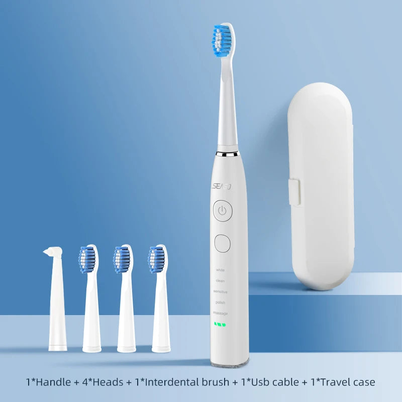 Electric Sonic Toothbrush USB Rechargeable Adult 360 Days Long Battery Life IPX7 4 Replacement Heads Travel Box SG-575