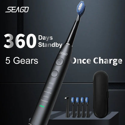 Electric Sonic Toothbrush USB Rechargeable Adult 360 Days Long Battery Life IPX7 4 Replacement Heads Travel Box SG-575