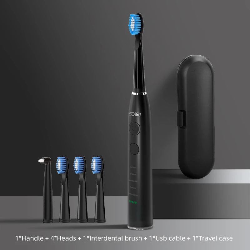 Electric Sonic Toothbrush USB Rechargeable Adult 360 Days Long Battery Life IPX7 4 Replacement Heads Travel Box SG-575