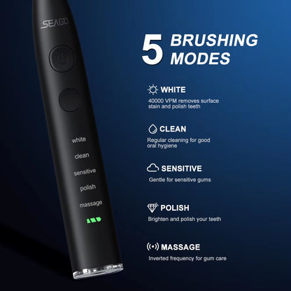 Electric Sonic Toothbrush USB Rechargeable Adult 360 Days Long Battery Life IPX7 4 Replacement Heads Travel Box SG-575